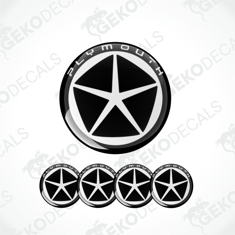 A set of four black and white vinyl stickers with a polyurethane coating featuring the text 'PLYMOUTH' and a star design.