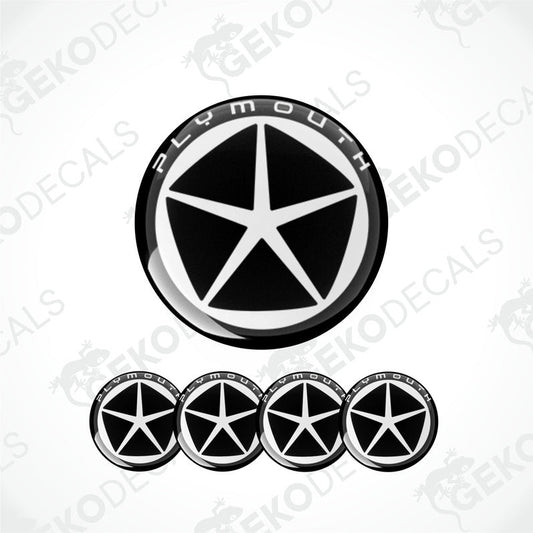 A set of four black and white vinyl stickers with a polyurethane coating featuring the text 'PLYMOUTH' and a star design.