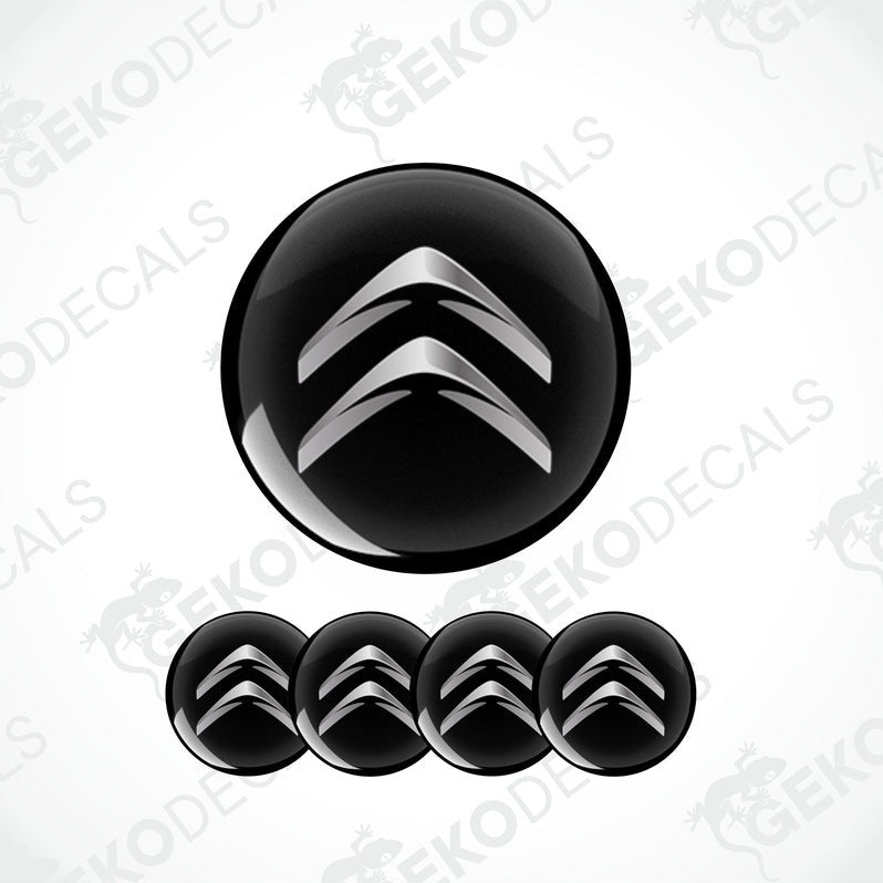 A set of black vinyl decals with the CITROEN logo in silver, including four different sizes intended for use on a car.