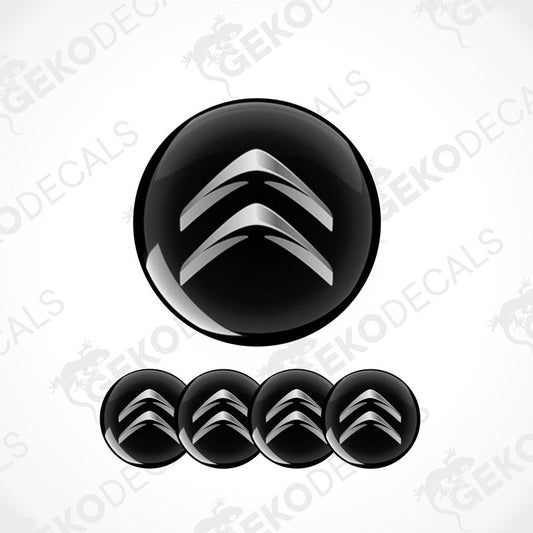 A set of black vinyl decals with the CITROEN logo in silver, including four different sizes intended for use on a car.