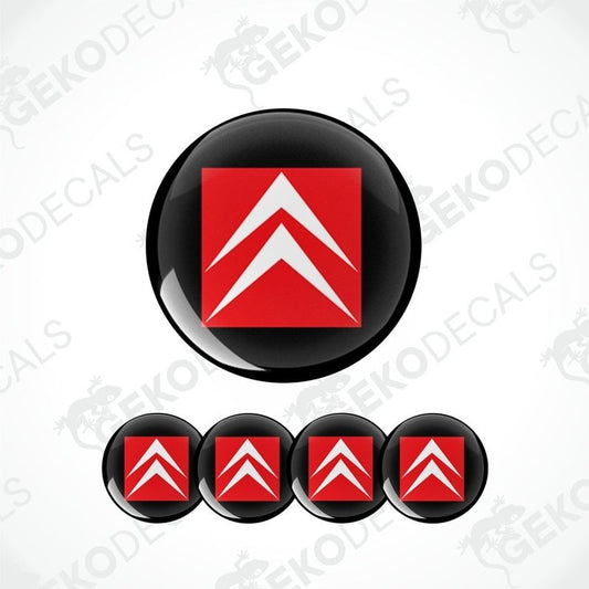 A set of four red and white car decals with a black background, featuring the CITROEN logo.