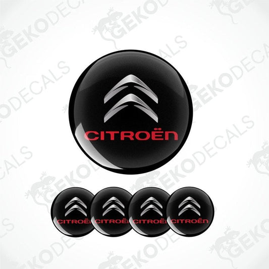 A set of black vinyl decals with the CITROEN logo in white, including four different sizes intended for use on a car.