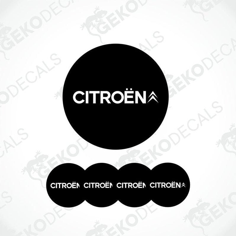 A set of four black vinyl stickers with the CITROEN brand logo on them.