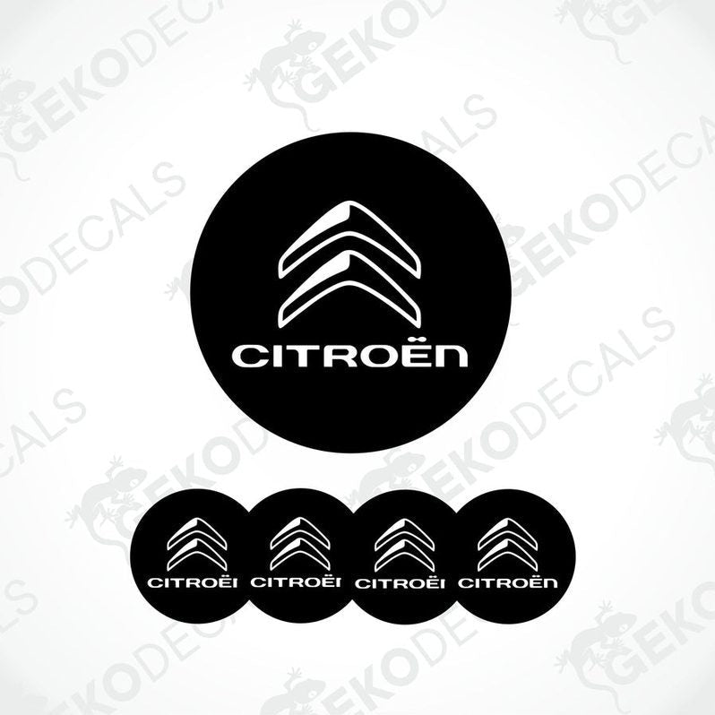 A set of four black vinyl stickers with the CITROEN brand logo on them.