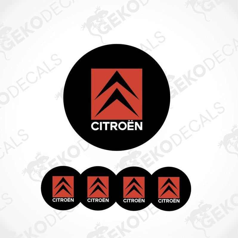 A set of four vinyl decals with polyurethane coating featuring the CITROEN logo in red and white on a black background.