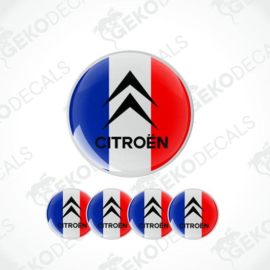A set of four vinyl stickers with a geometric design featuring red, white, and blue colors, and the word 'CITROEN' displayed prominently in the center.