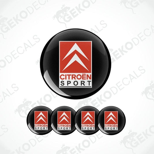 A set of four red and white vinyl stickers with the CITROEN SPORT logo, designed for use on car decals.