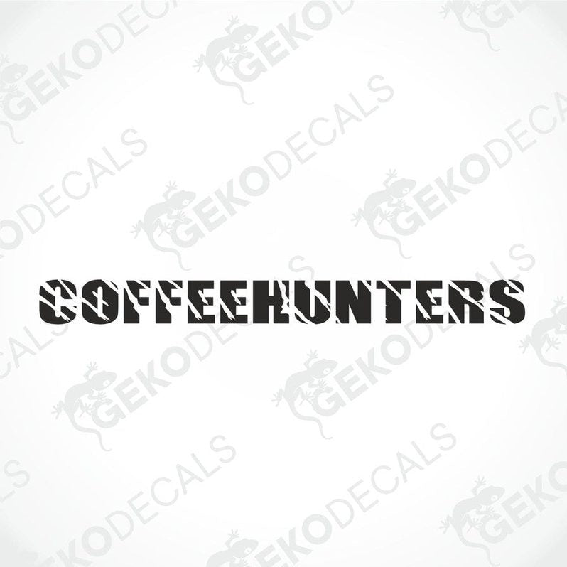 Black car windshield sticker with cut-out text COFFEEHUNTERS