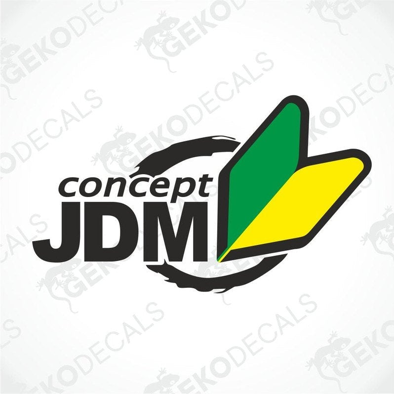 A car sticker with the text 'concept JDM' in green and yellow colors on a white background.