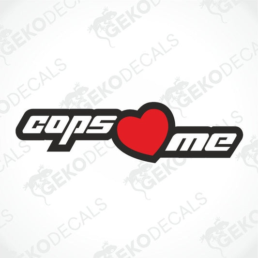 A black, white, and red car decal with the text 'COPS LOVE ME' and a heart symbol.