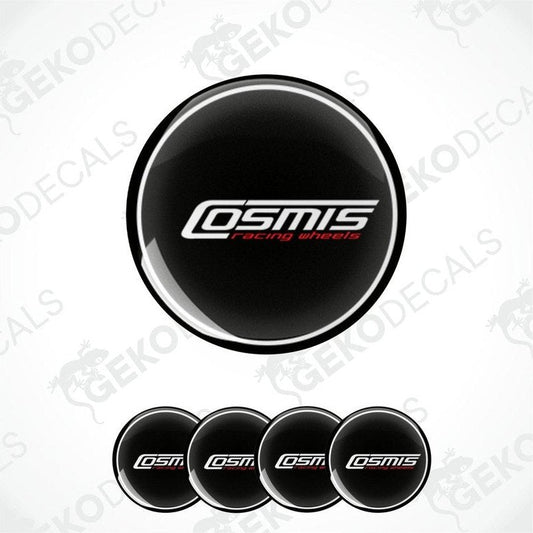 A set of four black vinyl stickers with the logo 'COSMIS Racing Wheels' in red and white.