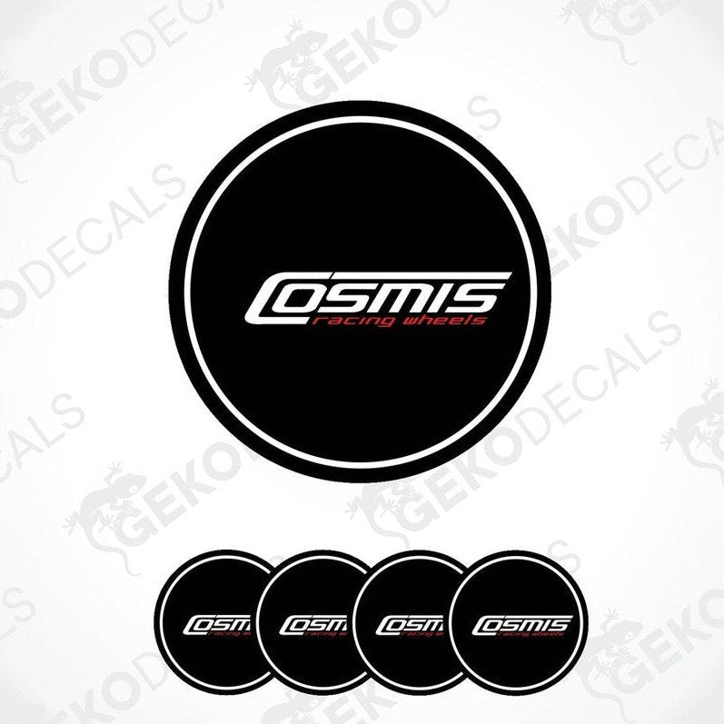 A set of four black vinyl stickers with the logo 'COSMIS Racing Wheels' in red and white.