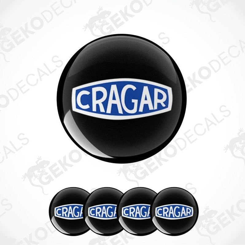 A set of vinyl decals with the CRAGAR brand logo, predominantly black and blue in color, designed for use as car wheel decals.