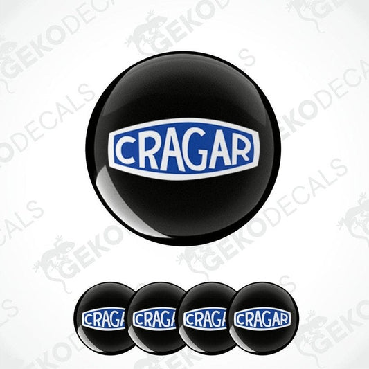 A set of vinyl decals with the CRAGAR brand logo, predominantly black and blue in color, designed for use as car wheel decals.