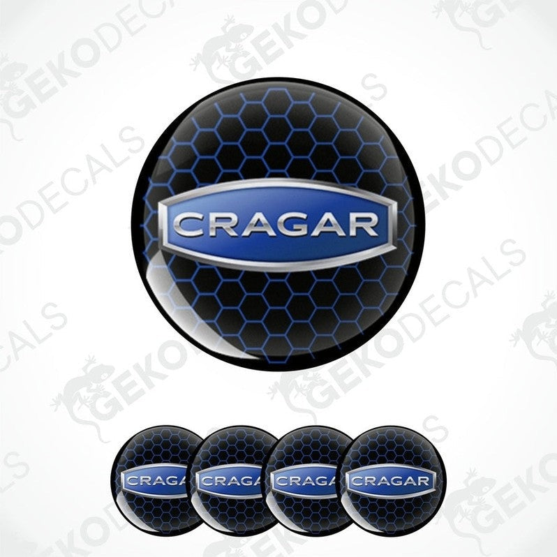 A set of four black and blue vinyl stickers with the brand name 'CRAGAR' printed on them.