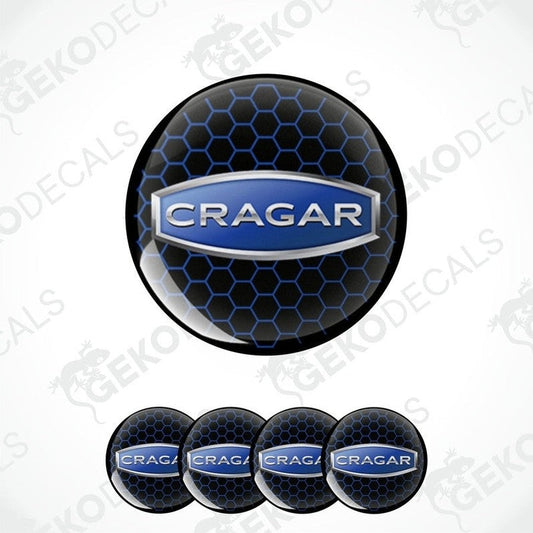 A set of four black and blue vinyl stickers with the brand name 'CRAGAR' printed on them.