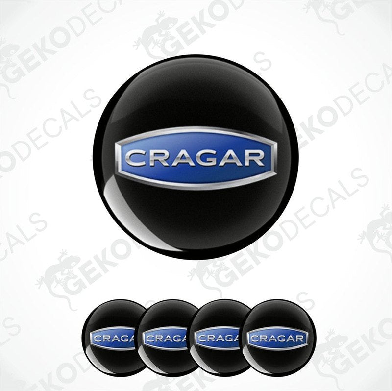 A set of four round car decals with the CRAGAR brand logo in black, blue, and silver colors.