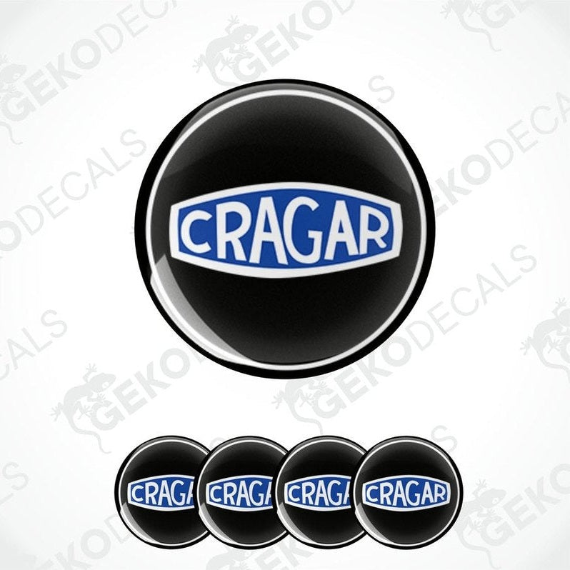 A set of vinyl decals with the CRAGAR brand logo, predominantly black and blue in color, designed for use as car wheel decals.