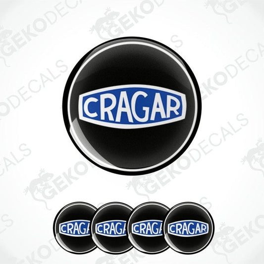 A set of vinyl decals with the CRAGAR brand logo, predominantly black and blue in color, designed for use as car wheel decals.