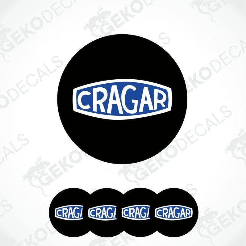 A set of vinyl decals with the CRAGAR brand logo, predominantly black and blue in color, designed for use as car wheel decals.