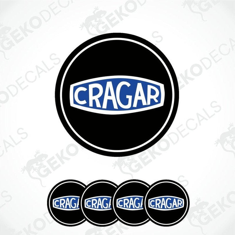 A set of vinyl decals with the CRAGAR brand logo, predominantly black and blue in color, designed for use as car wheel decals.