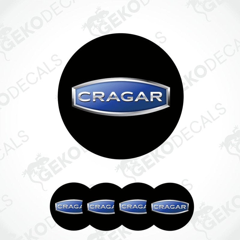 A set of four round car decals with the CRAGAR brand logo in black, blue, and silver colors.