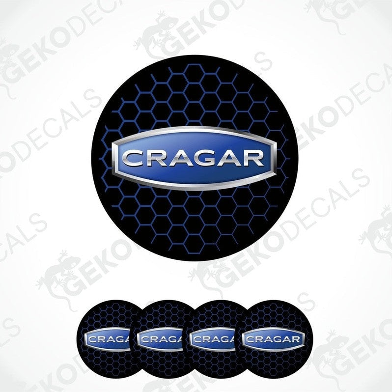 A set of four black and blue vinyl stickers with the brand name 'CRAGAR' printed on them.