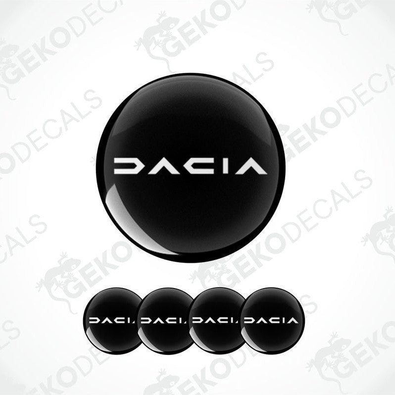 Set of four black vinyl decals with the DACIA logo, designed for use as car wheel stickers.