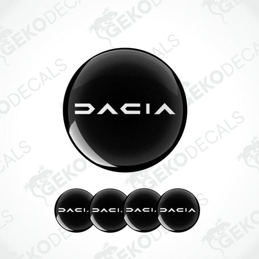 Set of four black vinyl decals with the DACIA logo, designed for use as car wheel stickers.