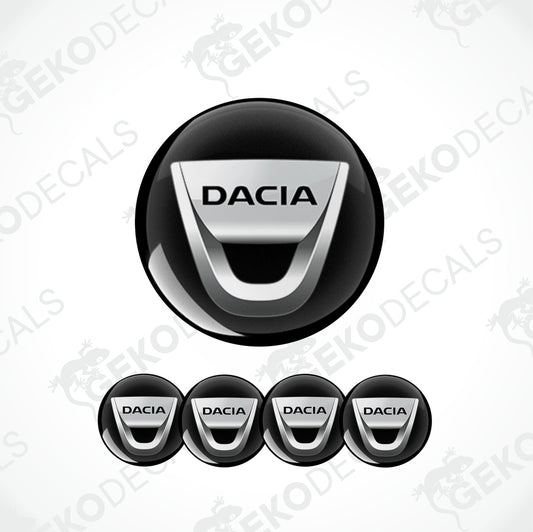 A set of four black vinyl stickers with the word 'DACIA' branded on them, designed for use as car decals.