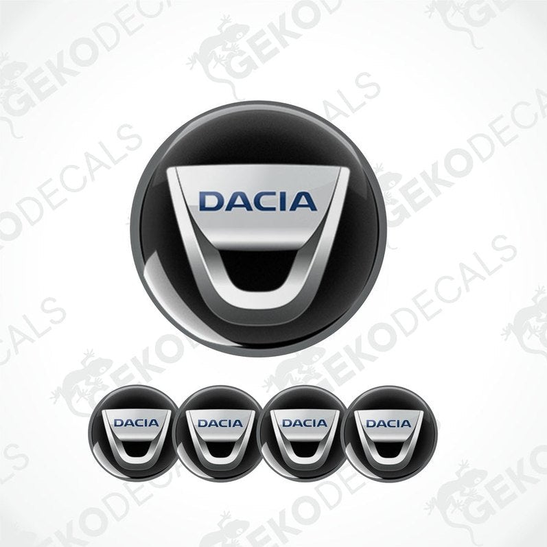 A set of four DACIA branded vinyl stickers for car wheels, displayed on a white background.