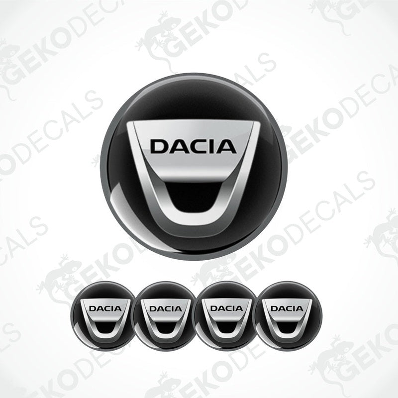 A set of four black vinyl stickers with a DACIA logo design, displayed against a white background.