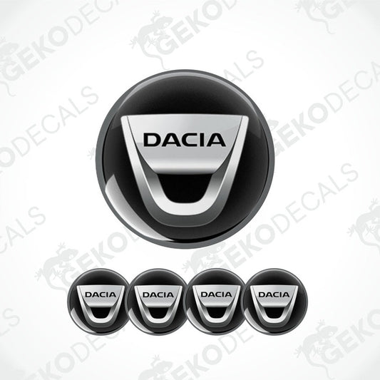 A set of four black vinyl stickers with a DACIA logo design, displayed against a white background.