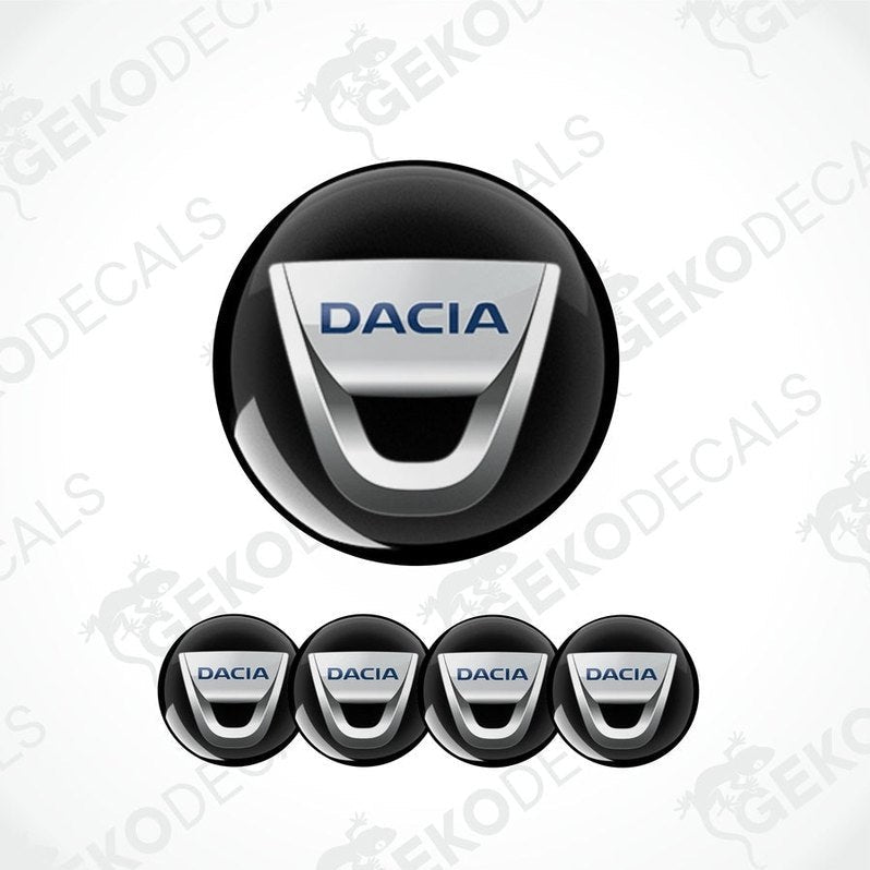 A set of four black vinyl stickers with the DACIA brand logo on them, designed for use as car decals.