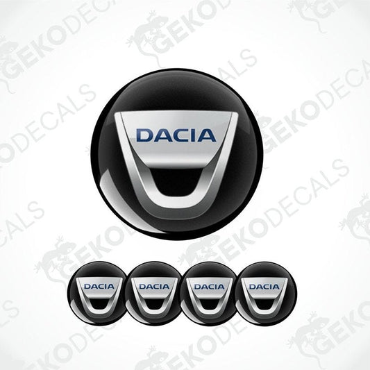 A set of four black vinyl stickers with the DACIA brand logo on them, designed for use as car decals.