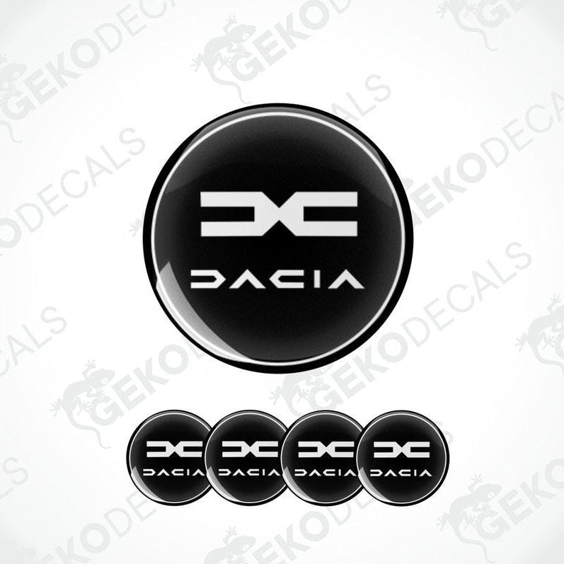 Set of four black vinyl decals with the DACIA logo, designed for use as car wheel stickers.