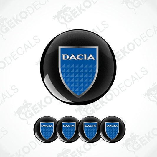 A set of four black vinyl stickers with a blue and red DACIA logo design.