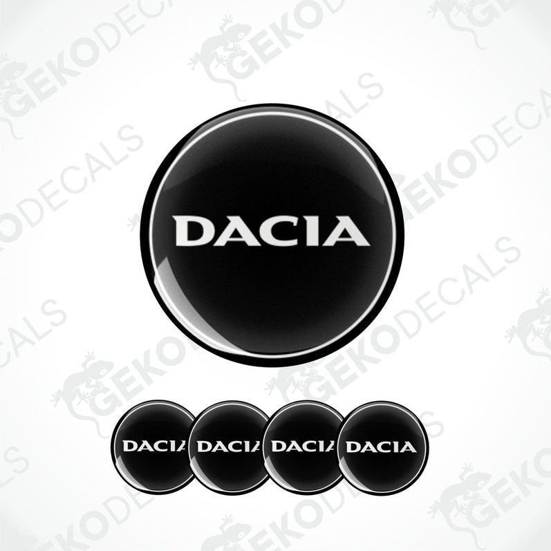 A set of four black vinyl stickers with the word 'DACIA' written on them, arranged in a circular pattern with a GeckoDecals logo at the top.