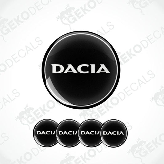 A set of four black vinyl stickers with the word 'DACIA' written on them, arranged in a circular pattern with a GeckoDecals logo at the top.