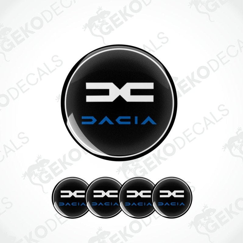 A set of four black vinyl stickers with blue and silver accents, featuring the word 'DACIA' in a bold font.