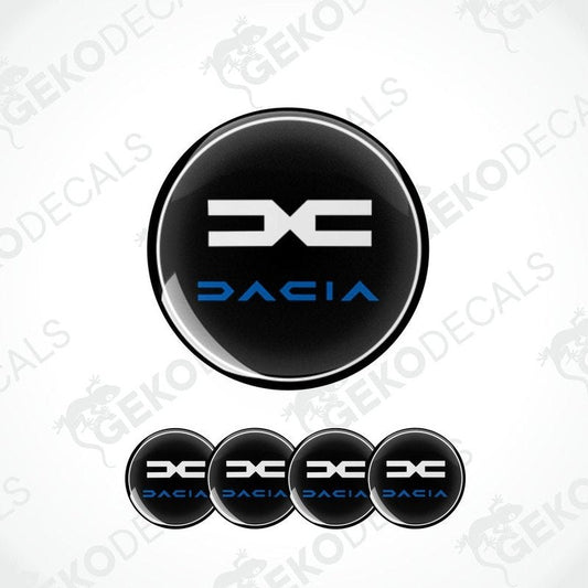 A set of four black vinyl stickers with blue and silver accents, featuring the word 'DACIA' in a bold font.