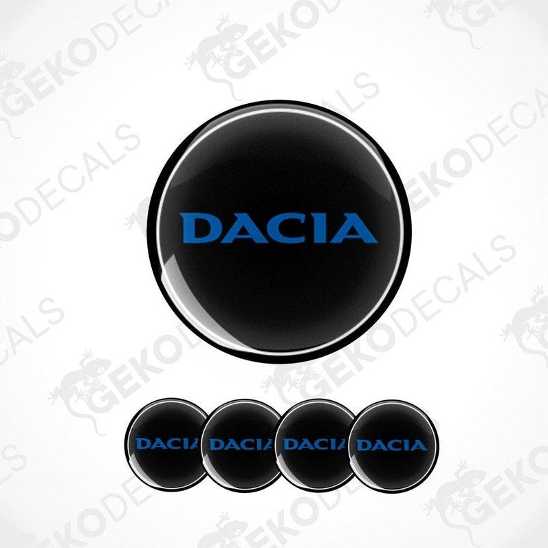 A set of four black vinyl stickers with the word 'DACIA' written in blue, designed for use on car decals.