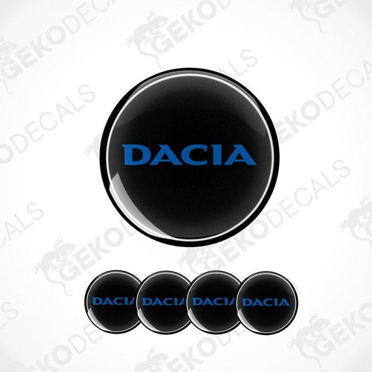 A set of four black vinyl stickers with the word 'DACIA' written in blue, designed for use on car decals.