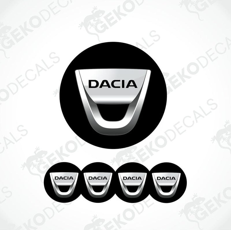 A set of four black vinyl stickers with the word 'DACIA' branded on them, designed for use as car decals.