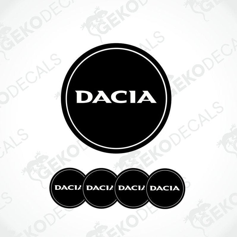 A set of four black vinyl stickers with the word 'DACIA' written on them, arranged in a circular pattern with a GeckoDecals logo at the top.