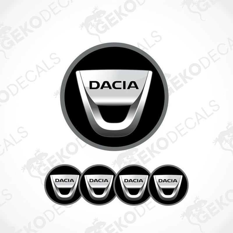 A set of four black vinyl stickers with the word 'DACIA' branded on them, designed for use as car decals.