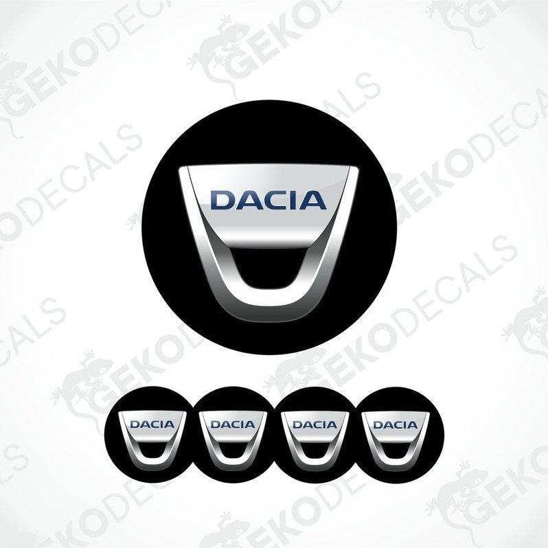 A set of four black vinyl stickers with the DACIA brand logo on them, designed for use as car decals.