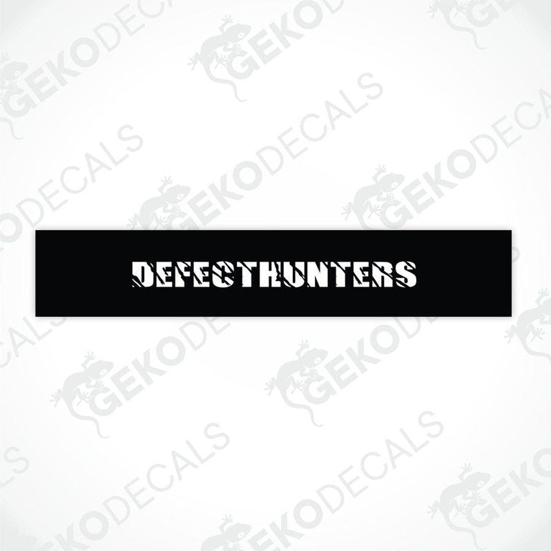 Black car windshield sun visor with white text DEFECTHUNTERS