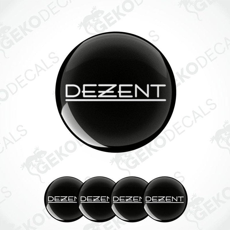 A set of four black vinyl decals with the word 'DEZENT' written in white letters.