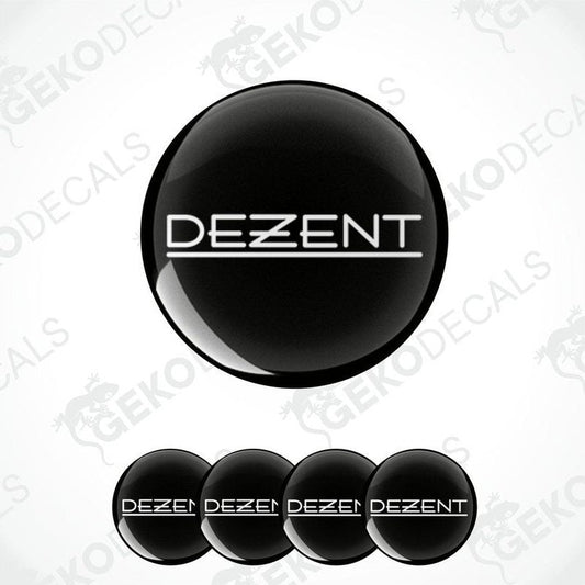 A set of four black vinyl decals with the word 'DEZENT' written in white letters.